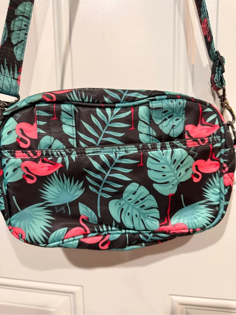 LUG Quilted Flamingo Print Crossbody Bag - Black/Teal/Pink